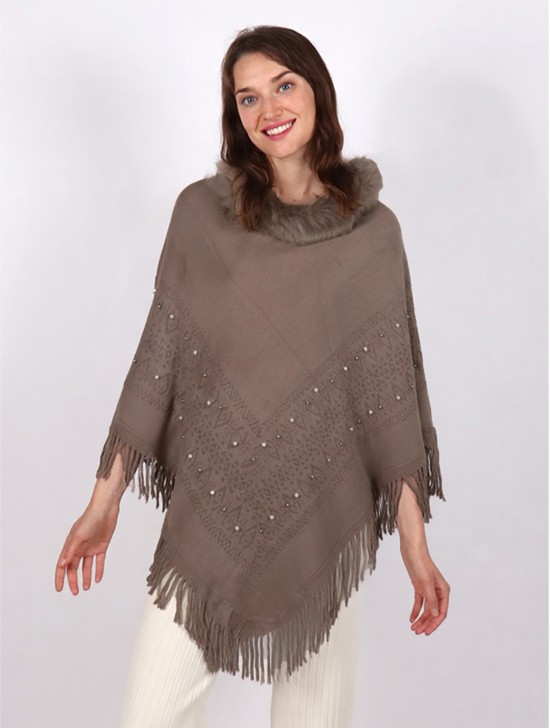 Beaded Solid Colour Poncho with  Faux Fur Neck and Fringes